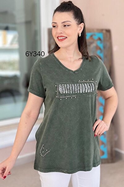 İnce Topuk V-Neck Sequin Detail Cotton Blouse 6Y340