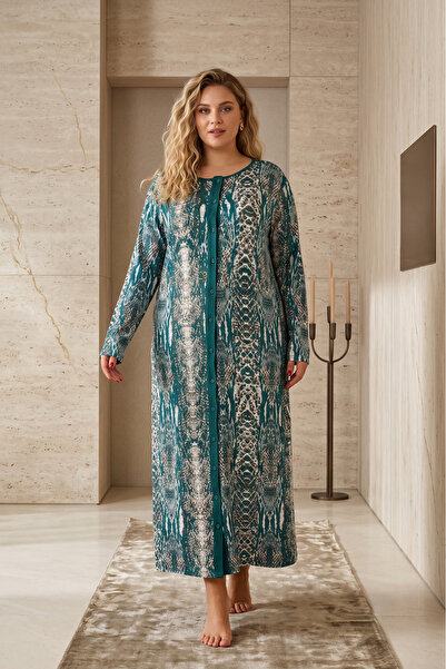 Lohusa Homewear New Season Green Patterned Buttoned Design Long Sleeve Plus S...