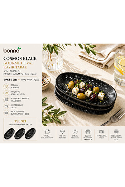 Bonnami Bonna Cosmos Black Gourmet Oval Kayık Plate / Black Porcelain Modern ...