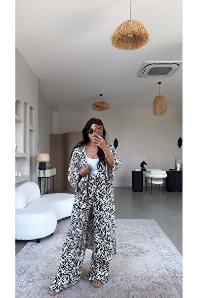 Buket Teke Zebra Patterned Viscose Kimono Pants