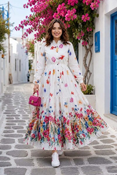 Hb Harma Time Butik Kadın Düğmeli Çiçek Desenli Modal Beyaz Elbise