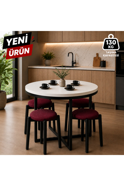 EDMONDA EV AKSESUAR ATLAS YUVARLAK 90 ÇAP PUFLU 4 KİŞİLİK MASA TAKIMI BALKON ...