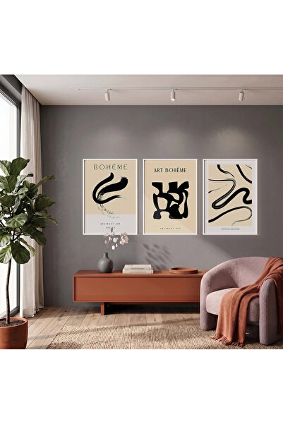 KOLAJTASARIM Set de 3 tablouri cu rame albe cu modele abstracte negre boeme, ...