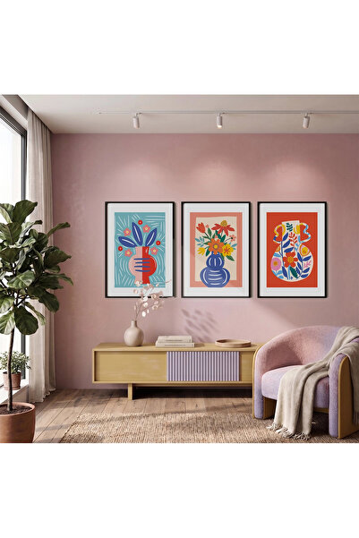KOLAJTASARIM 3-Piece Black Wooden Framed Painting Set — Colorful Vase Garden ...