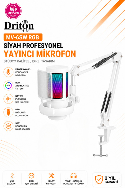 DRİTON Youtuber Mikrofon Mv-6Bb Black Rgb USB Gamer Streamer and Podcast Cond...