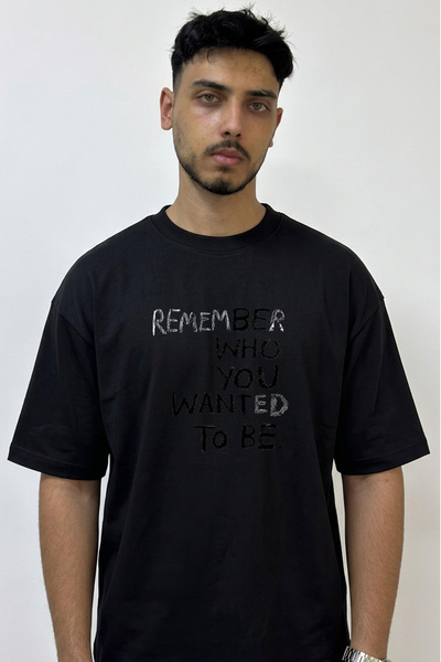 Anetos Motivational Quote Design Printed Oversize Black T-Shirt
