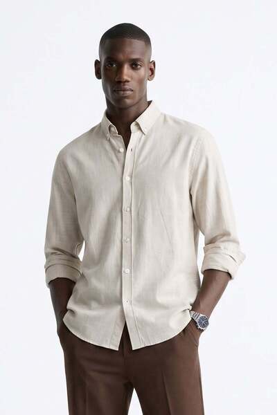 BARRELS AND OIL Men's Melange Long Sleeve Shirt - Beige