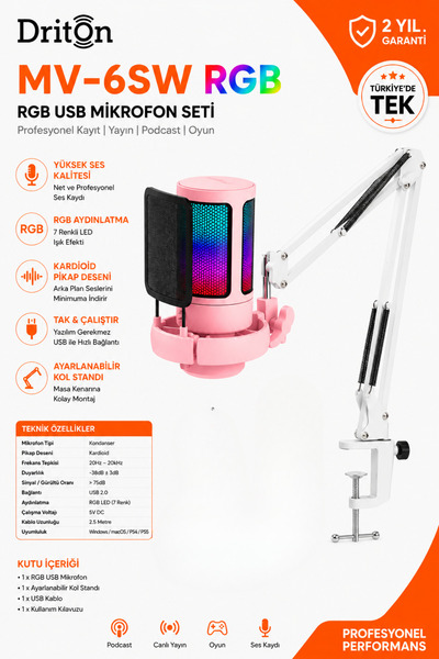 DRİTON مجموعة ميكروفونات Youtuber Mv-6PB باللون الأسود RGB USB للاعبين والمدو...