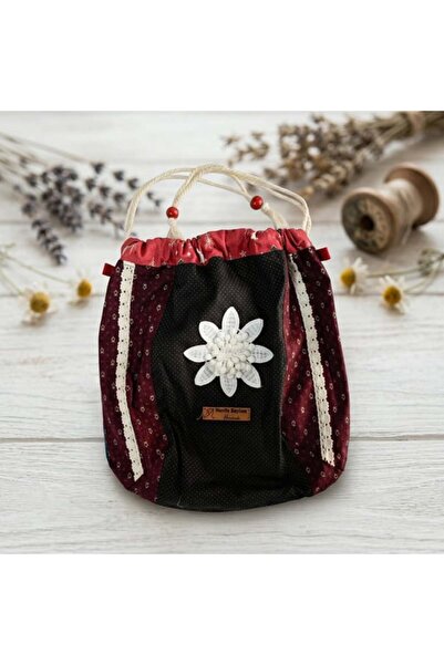 Hanife Baylam Handmade Burgundy Black Drawstring Organizer Bag 08