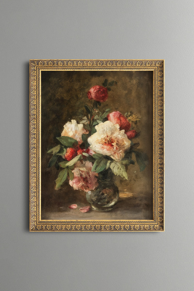 epiqart Pink and White Flowers in a Vase - Vintage Patterned Painting - Fine ...