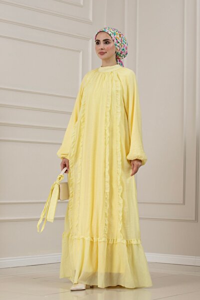 Sevitli Ruffle Detailed Belted September Dress-Yellow