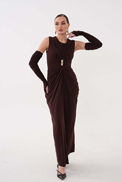 Women's Brown Sandy Dress with Brooch and Removable Sleeve Accessory