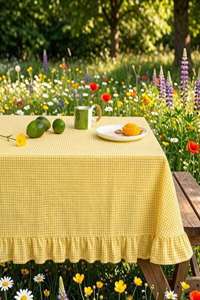 zarafet concept Sarı Kareli Fırfırlı Vintage Masa Örtüsü, Piknik Örtüsü,