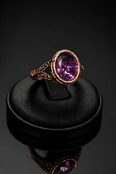 OSMANLI GÜMÜŞ Women's Copper Ring with Amethyst Natural Stone Oval Model Copp...