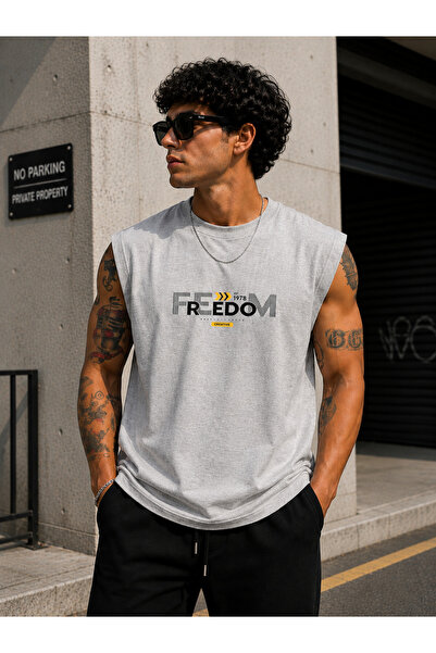 caddekombin Zero Sleeve Unisex Freedom Printed Cotton Combed Crew Neck T-Shirt