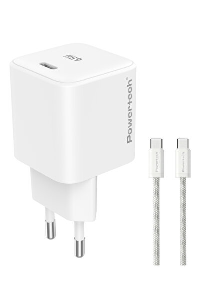 POWERTECH φορτιστής τοίχου PT-1577 με καλώδιο, USB-C, 65W, GaN, AVS, λευκός