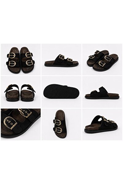 redtan Women's Black Double Buckle Slippers Orthopedic Cork Sole Comfortable ...