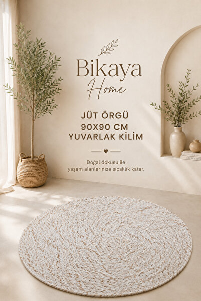 Bikaya Home Jute Knitted Round Rug |   90X90 cm |   Natural Textured |   Bohe...