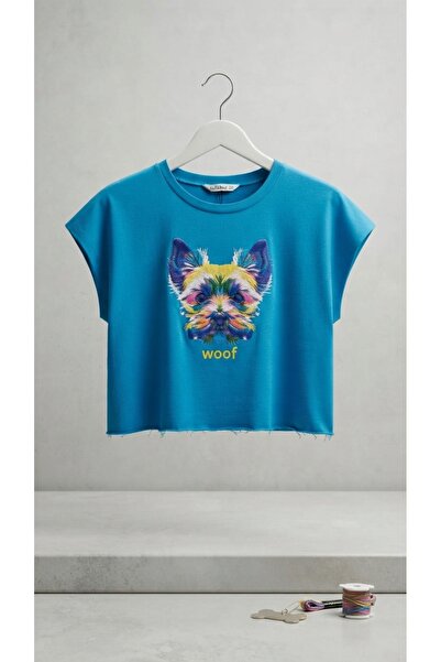 Sublime Butik Woof Dog Printed Blue Color Crew Neck Loose Fit Crop / T-Shirt
