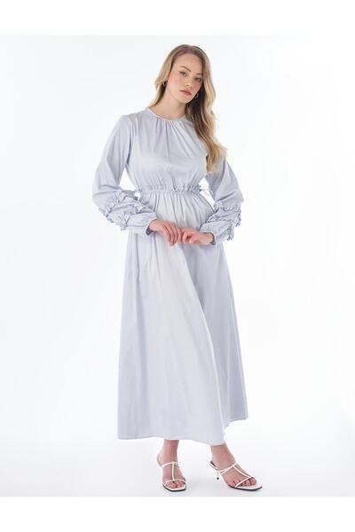 Kayra Ruffle Detailed Cotton Dress Blue
