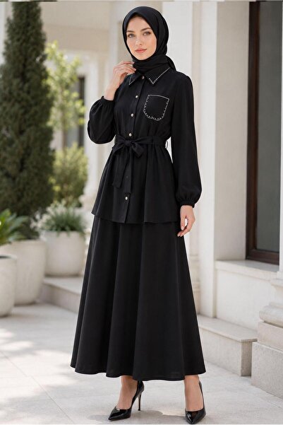 TRENDTESETTÜR KADIN SİYAH KUŞAKLI ETEKLİ TAKIM T 7890