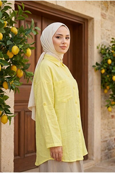 PALME D'OR Kadın Müslin Kumaş Ayarlanabilir Kollu Cepli Oversize Gömlek Tunik