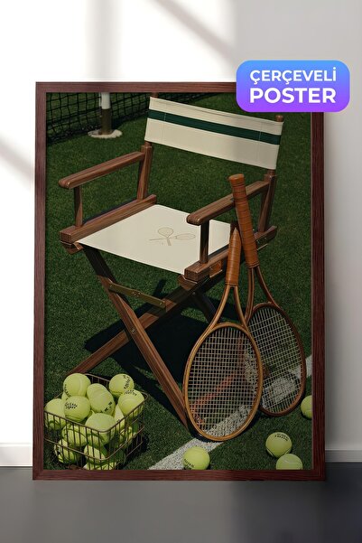 Postifull Poster sa teniskim reketom i stolicom, poster u smeđem okviru, seri...