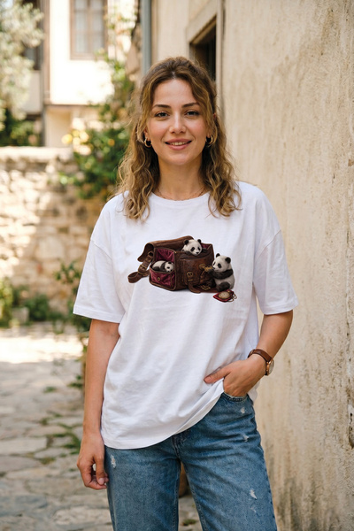 BAGAND Unisex Oversize Cute Panda Printed White T-Shirt Animal Themed Cotton ...