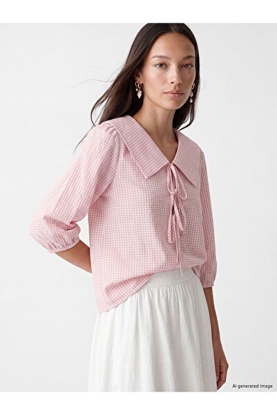 LC Waikiki Lcw Everyday Pink Baby Collar Plaid Lace-Up Blouse