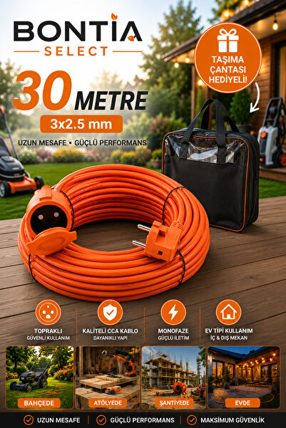 Bontia 30 Metre Uzatma Kablosu 3x2.5 mm Topraklı CCA Kablolu Tekli Grup Priz ...