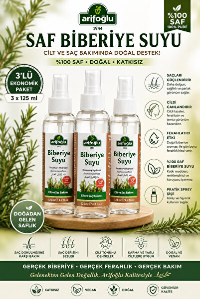 Arifoğlu Saf Biberiye Suyu 125 ml x 3 Adet | %100 Saf Rosemary Hydrosol | Saç...