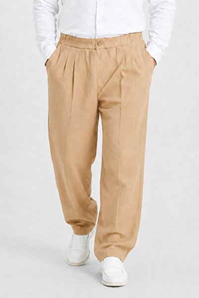 RELAXL Battal Size Summer 100% Cotton Long Wide Leg Men's Beige Trousers