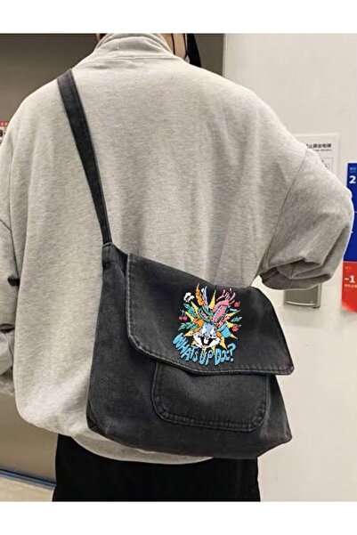 Minga London Black Whats up Doo Printed Denim Messenger Bag