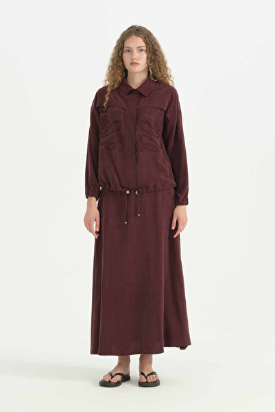 Nihan Lyocell Bomber Jacket Skirt Set - Burgundy
