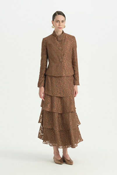 Nihan Organza Skirt Jacket Set - Brown
