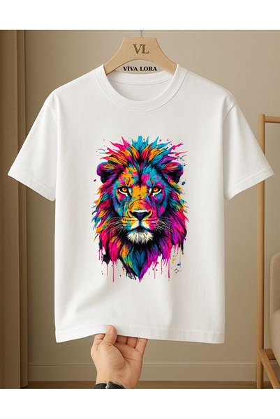 VİVA LORA Colorful Lion Printed Unisex 100% Cotton Crew Neck Regular T-Shirt
