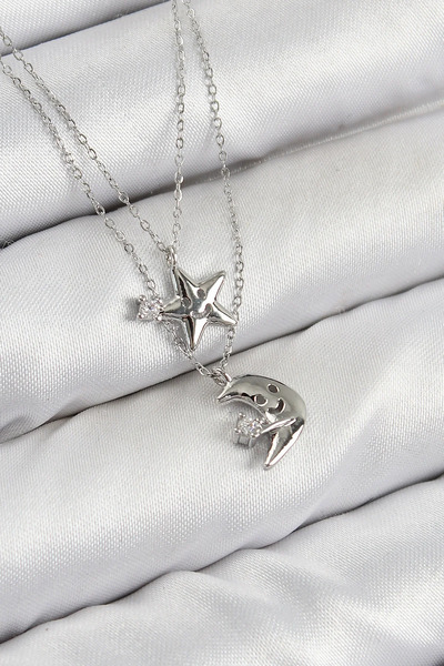 Marsilyan Brass Zircon Stone Star and Moon Model Silver Color Women's Necklac...