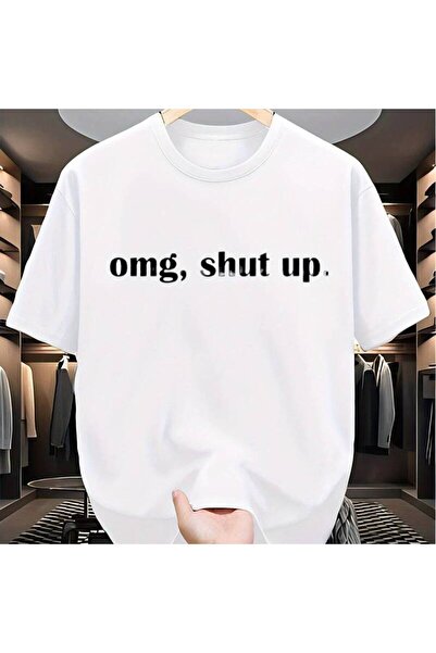 23 nisan تي شيرت بطباعة "OMG, Shut Up" - قميص فضفاض غير رسمي مع طباعة سوداء ج...