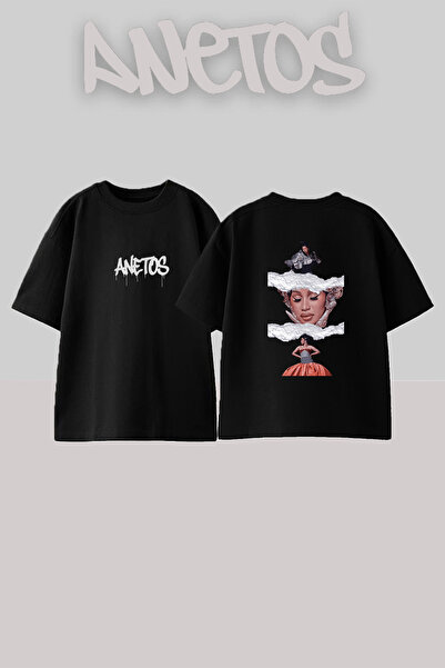 Anetos Μαύρο μπλουζάκι Cardi B_29 με στάμπα σχεδίου, unisex, oversize