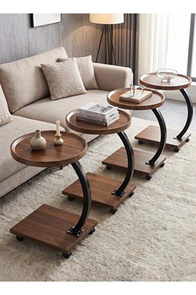 Taimi 4-Pcs 2-Tier Mobile C-Shaped Tables, Rolling Wheels, Wood Shelves, Meta...