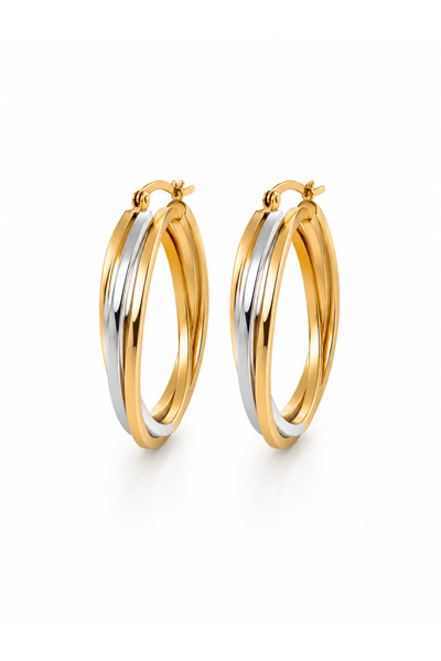 POSEİDONS JEWELLERY Gold & Silver Color Oval Twist Hoop Earrings Stainless St...