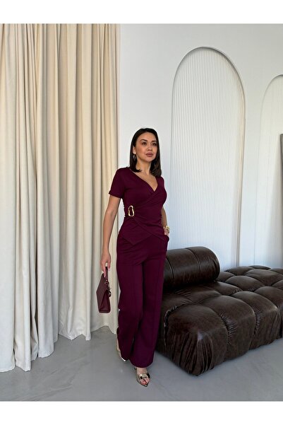 Elaxi Women's Buckled Double-Breasted Top and Striped Modal Pants Set