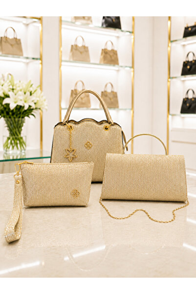 PefyBaby 3-Piece Women's Bag Set, Glittery Fabric, Gold Detailed Hand and Sho...