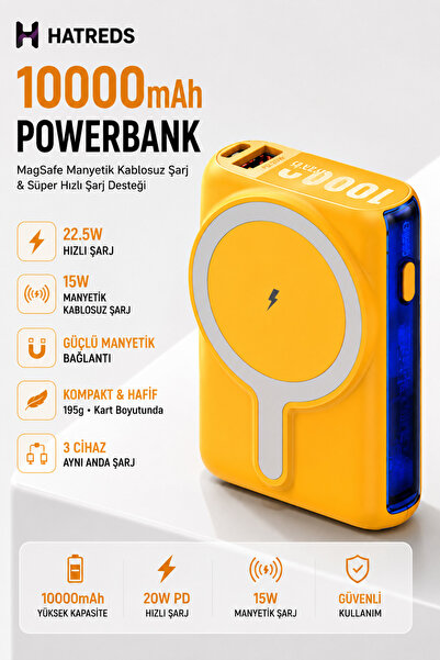 Hatreds 10000mAh 22.5W Hızlı Şarj 20W PD 15W Manyetik Kablosuz Şarjlı MagSafe...