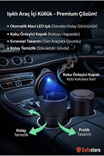 safestore Işıklı Araç İçi Küllük - Otomatik Mavi LED Işıklı, Koku Önleyici Ka...