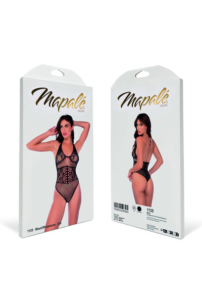 Mapal Rhinestone Floral Fishnet Bodysuit - One Size - Black/Rhinestone