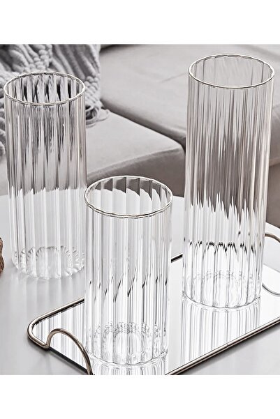 Paşa Cam Optical Striped Cylinder Glass Vase Borosilicate 10 cm Width 15 cm H...