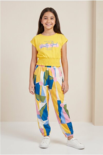 MAVİ BONCUKK Girl's Printed Gipeli Blouse and Patterned Jogger Pants Set