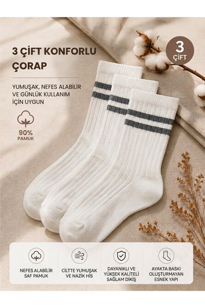 Himura style Unisex 3'li Paket %90 Pamuklu Çizgili Kolej Çorap Seti