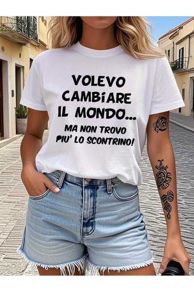 BASEPULSE تي شيرت VOLEVO CAMBIARE IL MONDO مطبوع عليه حروف، قميص كاجوال بأكما...